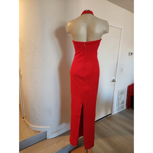 NICHOLAS Red Halter Neck Keyhole Maxi Dress Ladder Stitch Detail Formal Gown 4 - Picture 4 of 13